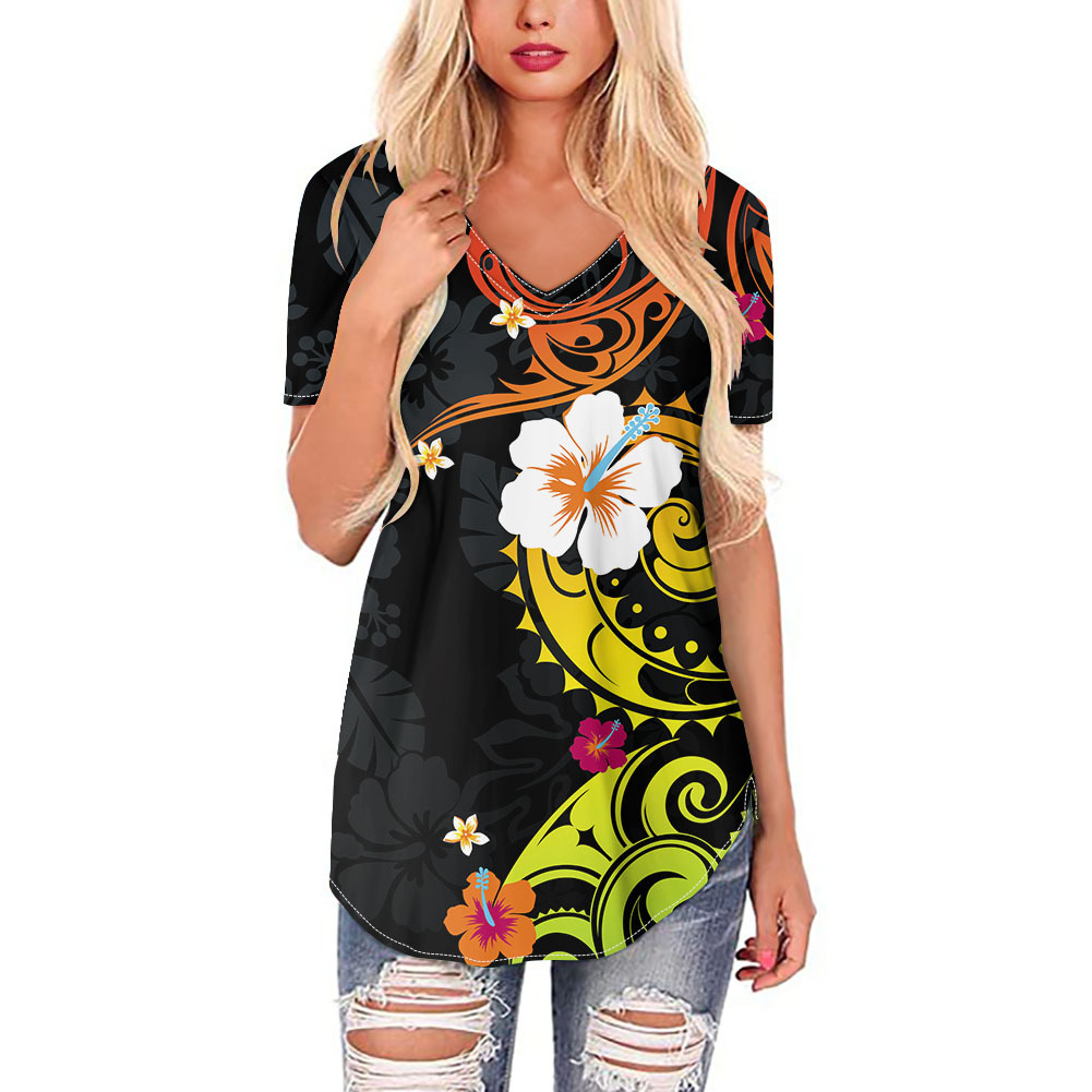 短袖套头雪纺波利尼西亚风系列印花v领性感衬衫 定制欧美跨境新款