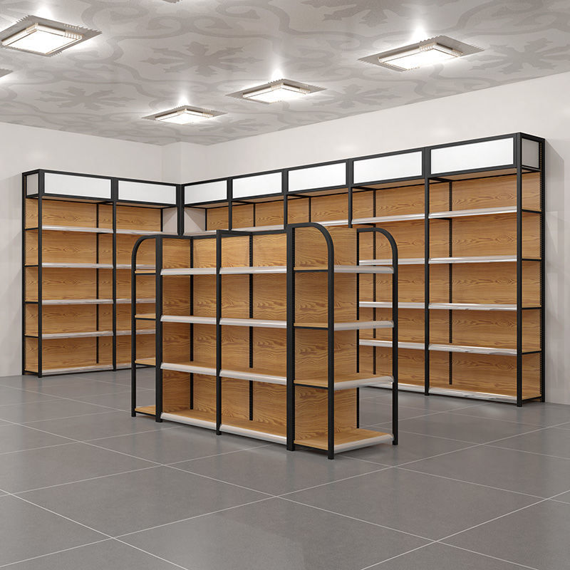 钢木货架四柱木纹色市食品港货便利店单面母婴店双面背板展示厂家