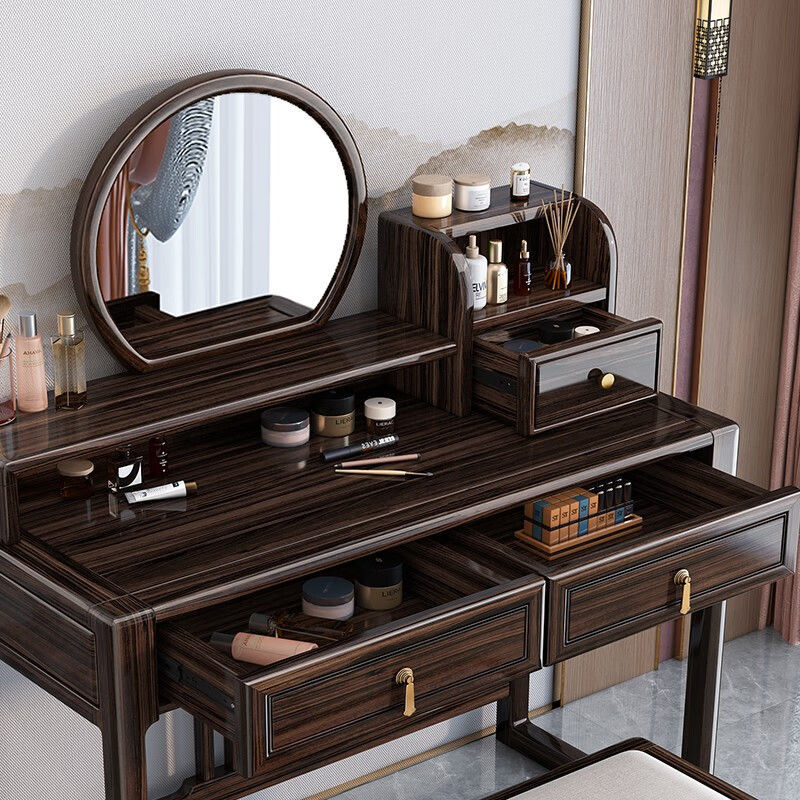 轻奢化妆台椅子组合家具四季通用新中式乌金木实木梳妆台收纳储物