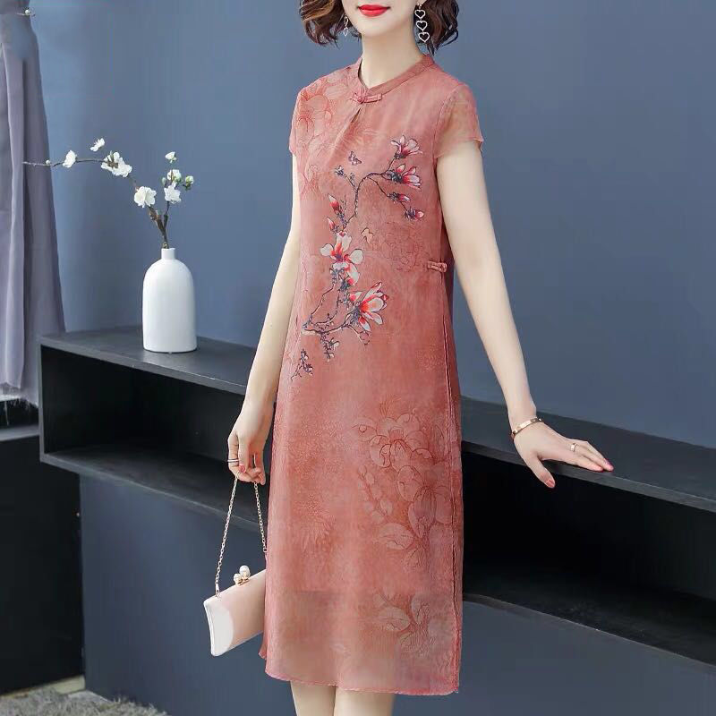 Improved Cheongsam Mother Large Size Mom's Clothing Noble Western Style Wide Middle-Aged Women's Summer Wear Mid-Length Skirt