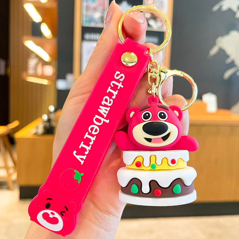 Cute Dessert Shop Strawberry Bear Keychain Cartoon PVC Toy Bag Package Pendant Car Key Ring Gift Wholesale