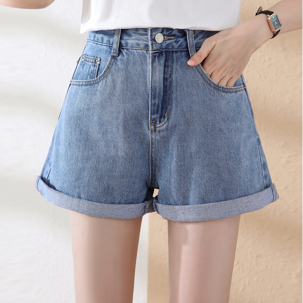 2021年夏季新款翻边牛仔短裤女高腰显瘦宽松薄款a字裤j121056