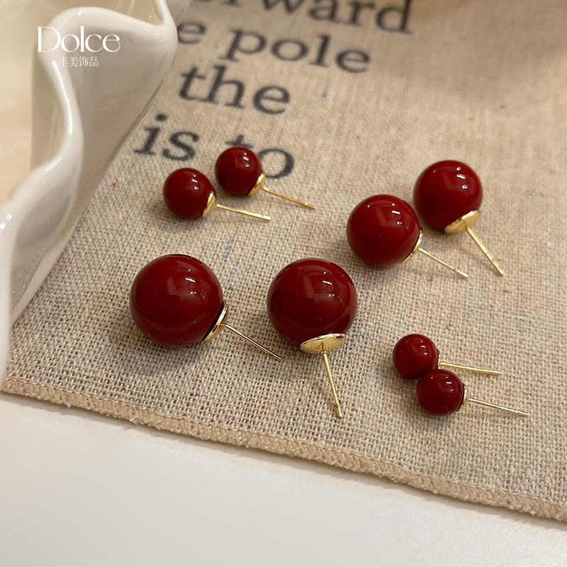 Real Gold Electroplated Silver Needle Red Lovesick Bean round Bead Stud Earrings Simple Temperament Earrings Retro High Sense Earrings Wholesale