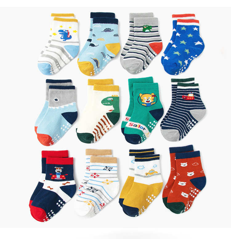 2023 New Spring and Summer Amazon Children Non-Slip Floor Socks Solid Color Polka Dot Cotton Socks Children's Socks Wholesale 12 Pairs