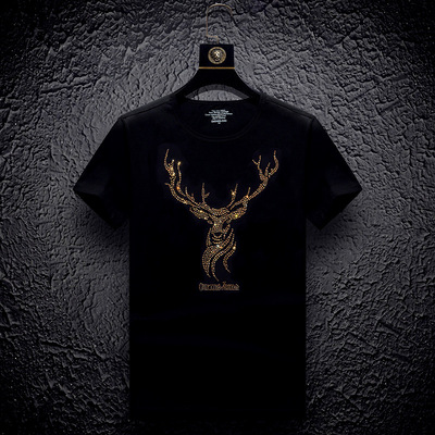 夏季新疆棉国潮男装衣服男士t恤韩版纯色半袖体恤街头潮牌鹿角