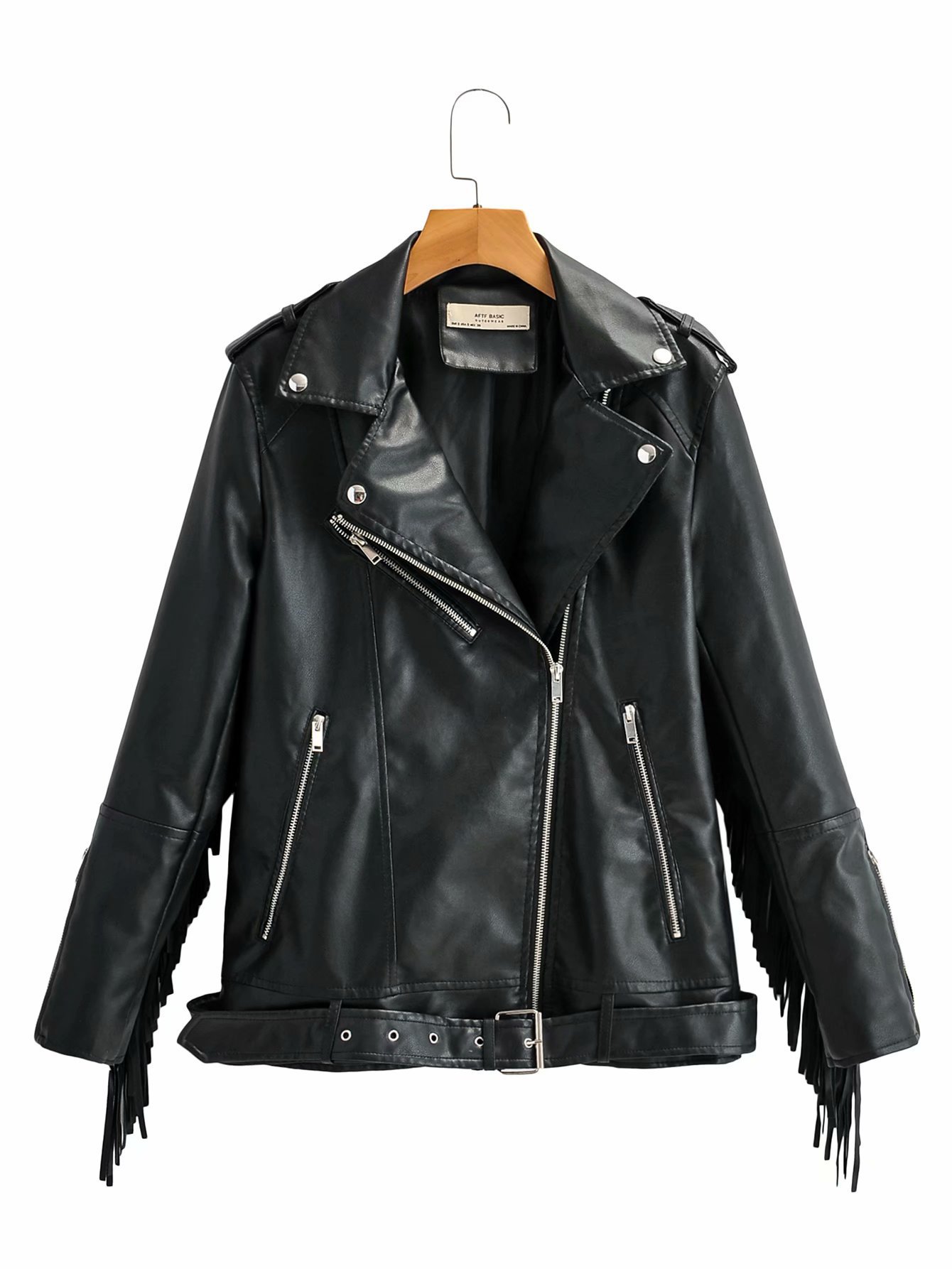 欧美外贸潮品女装翻领时尚朋克风嘻哈流苏皮夹克显瘦长袖皮衣外套