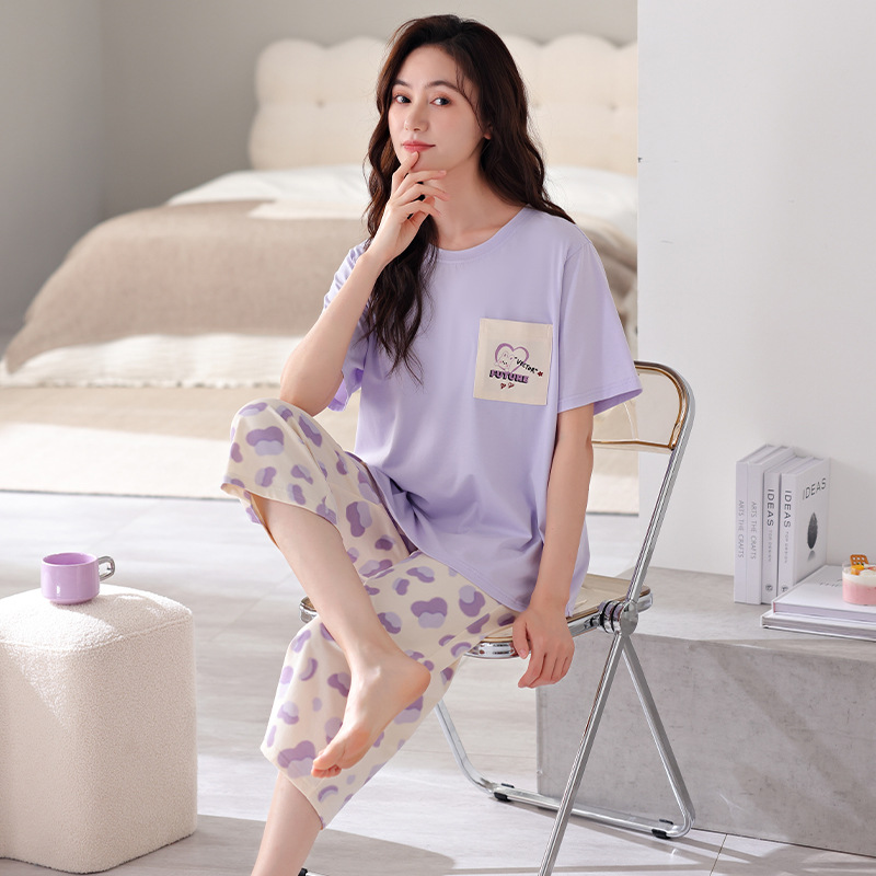 睡衣女夏季纯棉短袖七分裤薄款夏天女式宽松夏款可外穿家居服套装
