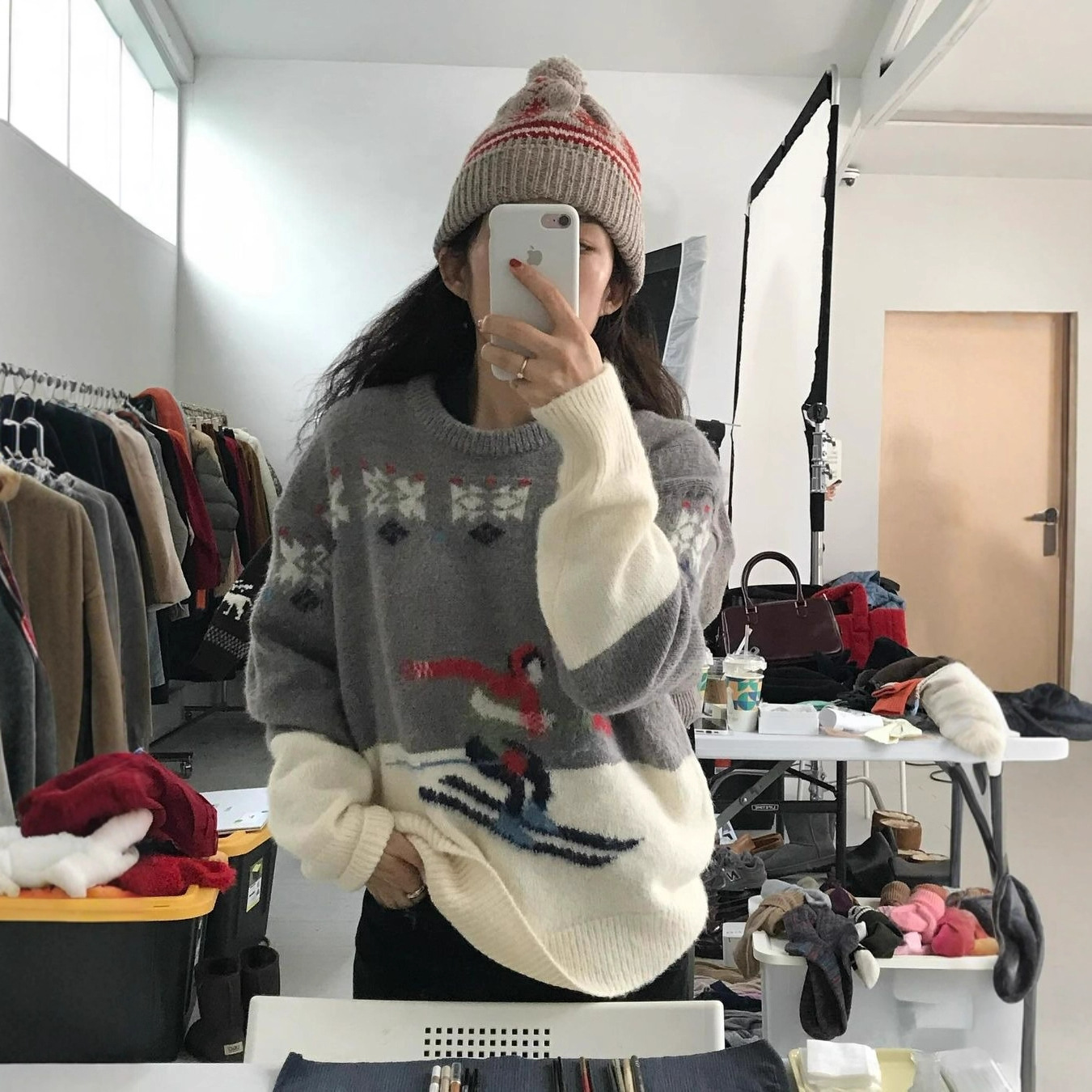 2024现货韩东大门冬新款复古简约滑雪图案灰色圆领气质针织衫毛衣