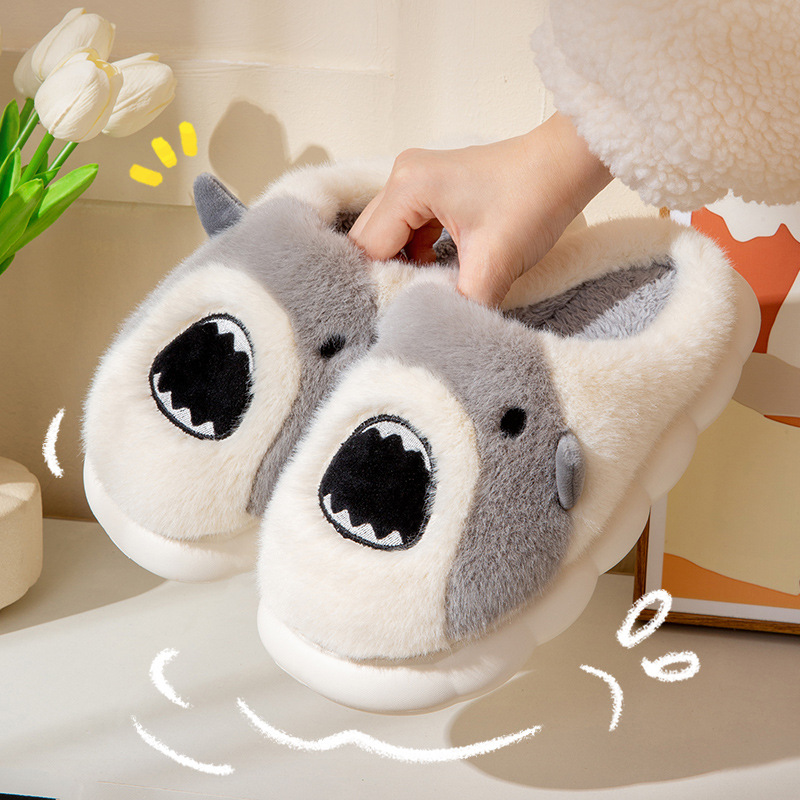 cartoon shark cotton slippers women‘s winter home non-slip indoor plush warm with velvet thick bottom non-slip slippers men