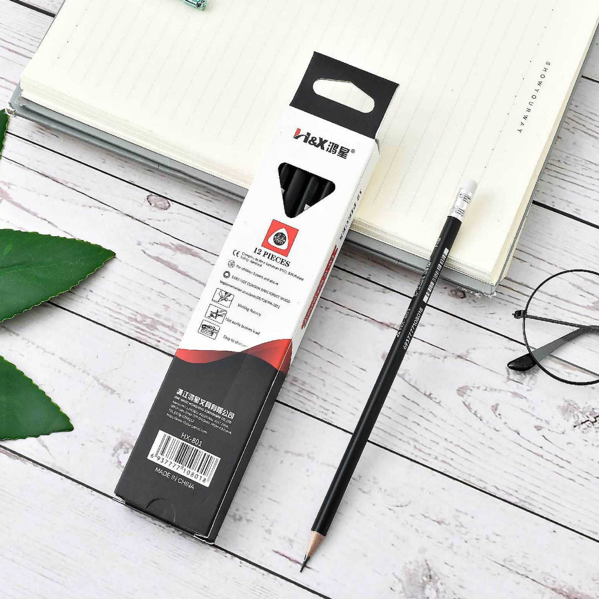 鸿星文具一色油漆三角杆铅笔 一头削尖铝箍橡皮头铅笔 书写hb铅笔