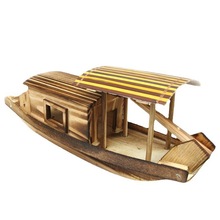 木质打鱼小渔船模型 儿童玩具木制带篷小木船 实木小船摆件