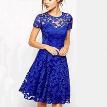 006欧美热卖新款气质时尚圆领短袖蓝色蕾丝花边连衣裙 现货