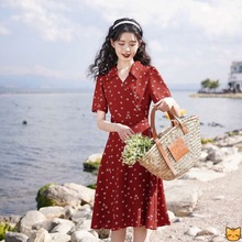 2024新款法式收腰高级感气质红色茶歇连衣裙女夏港味复古chic裙子