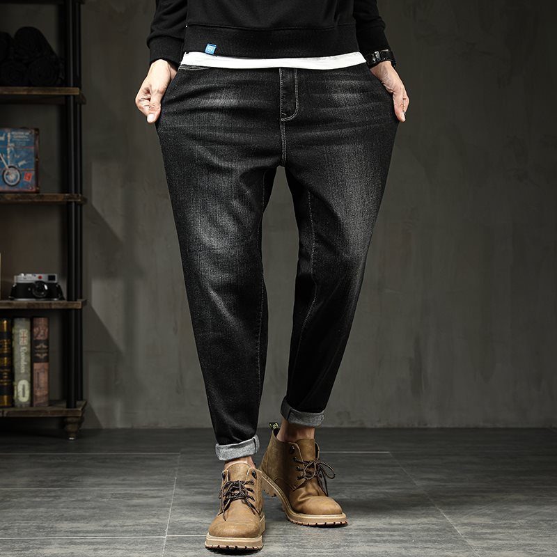 春季大码男裤潮胖直筒小脚加肥加大250斤牛仔裤男显瘦胖子长裤潮
