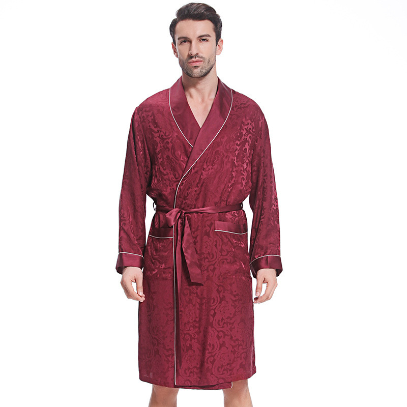 春秋欧美风长袖桑蚕丝睡袍时尚高档提花男士家居服浴袍真丝送礼