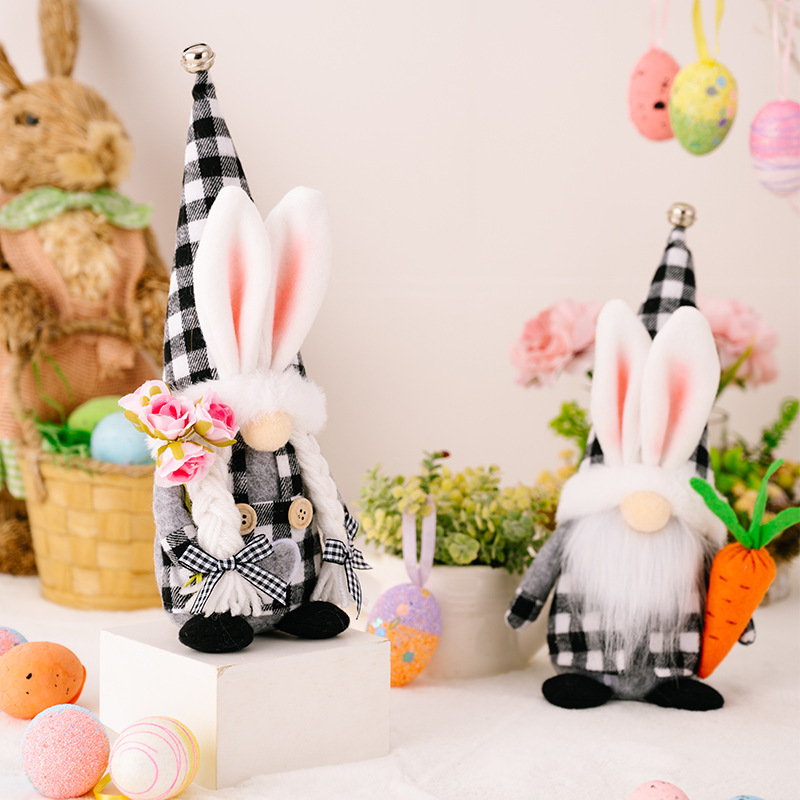 Cross-Border Easter Rabbit New Black and White Plaid Plush Ground White Beard Old Doll Decoration Factory Direct Sales