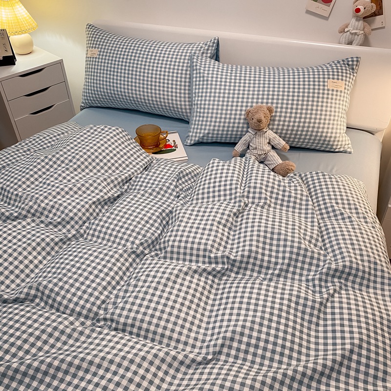 simple style plaid four-piece set student dormitory three-piece set skin-friendly washed cotton bed sheet quilt cover fitted sheet bedding