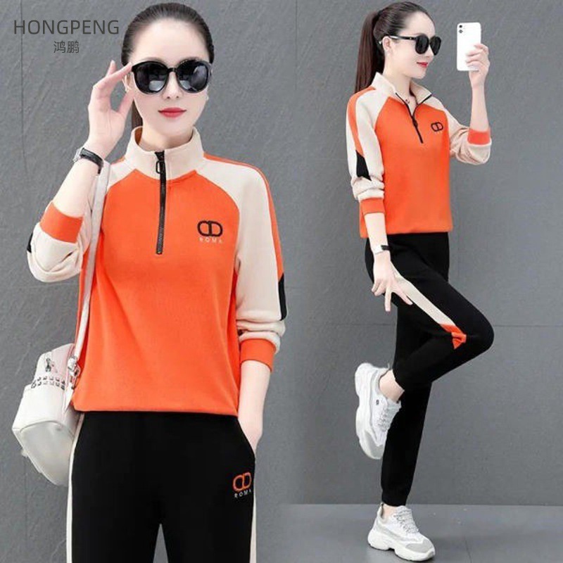 鸿鹏女装时尚休闲运动服套装女2024夏季新款洋气拼色立领短袖两件