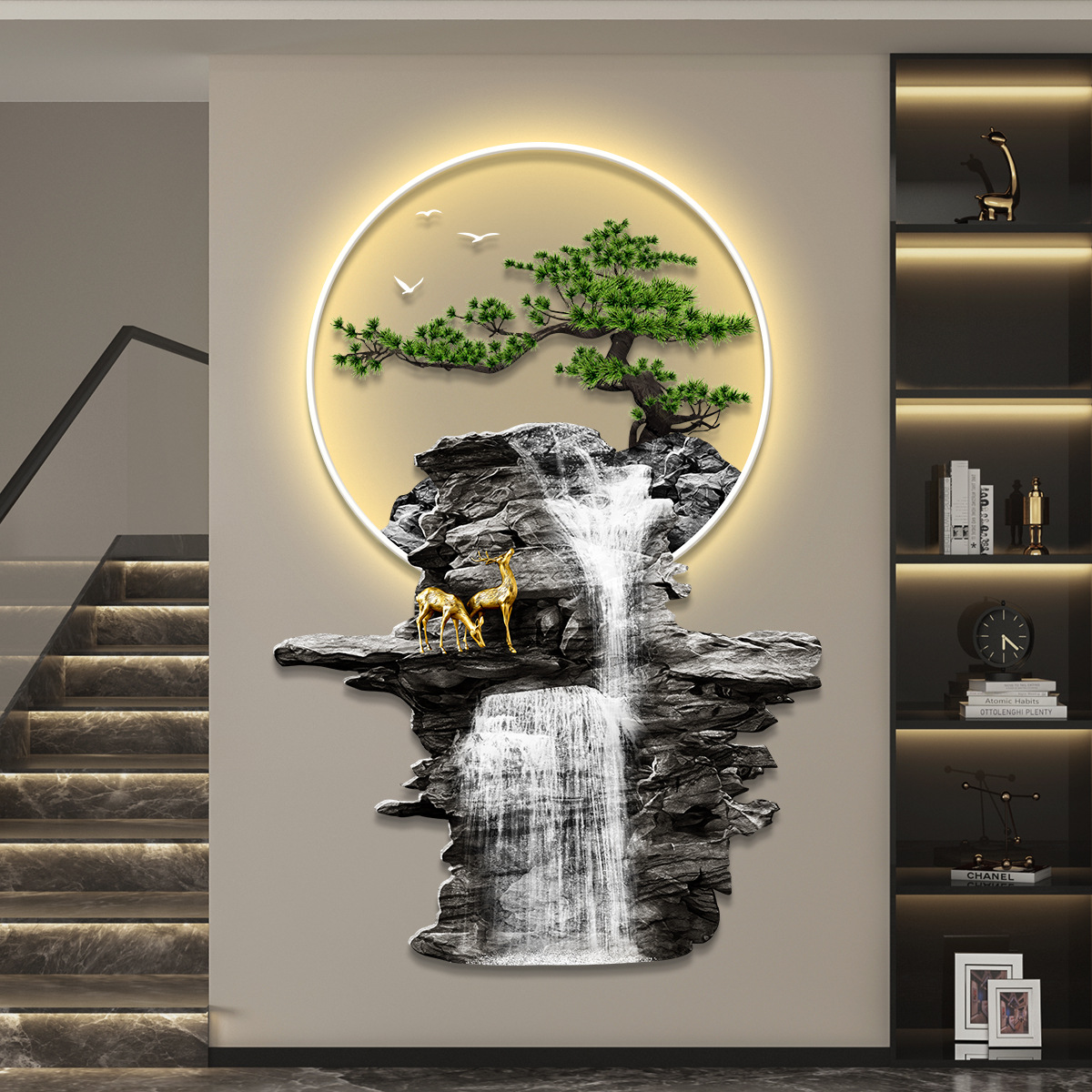 流水生财轻奢led带灯入户玄关装饰画走廊过道挂画壁画简约现代