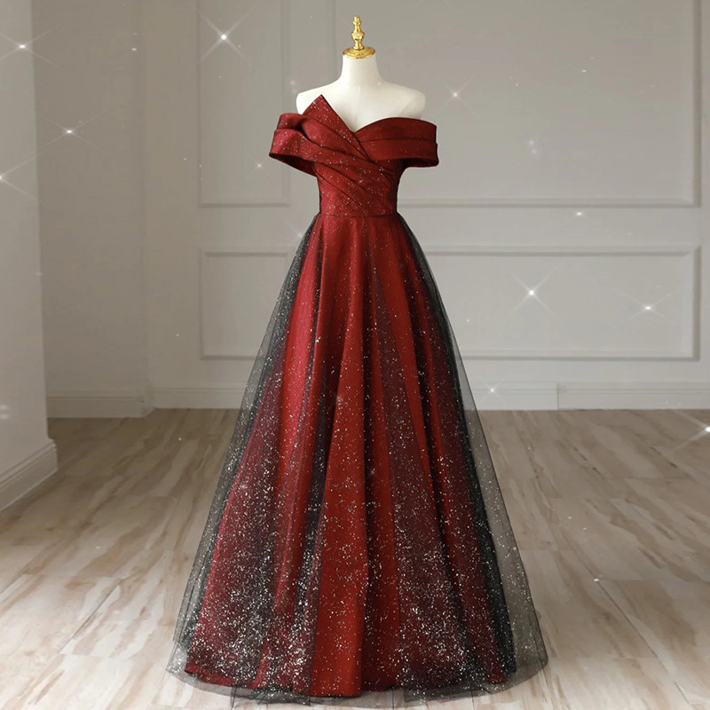 一字肩敬酒服新款新娘红色婚纱新婚便装法式订婚裙礼服女大气