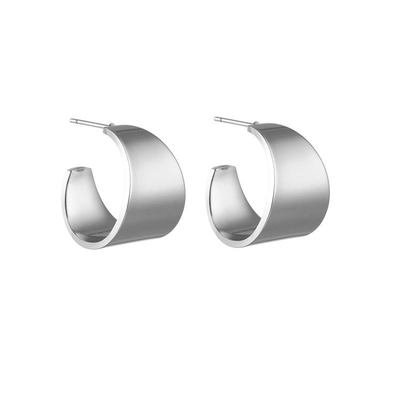 European and American Simple Cold Style Exquisite Glossy C- Shaped Wide Face Earrings High-Grade Temperament Personality Titanium Steel Ear Studs Earrings