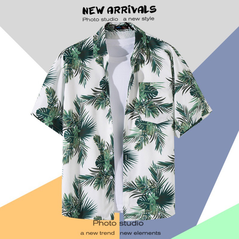 INS Hong Kong Style Vintage Vintage Style Short Sleeve Printed Shirt Men 2022 Hawaii Vintage Shirt Pu Handsome Coat Fashion