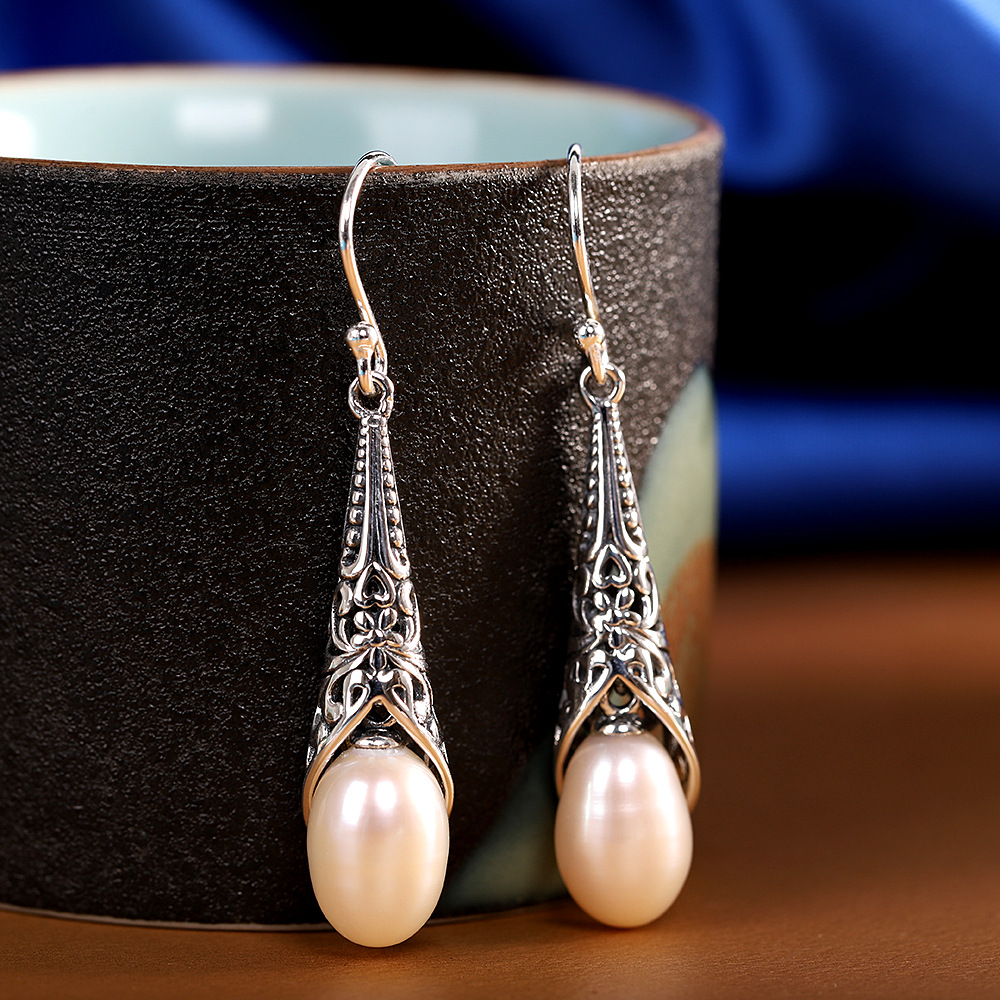 人品银品s925银镶嵌巴洛克长款珍珠耳坠泰银简约复古欧美时尚耳饰
