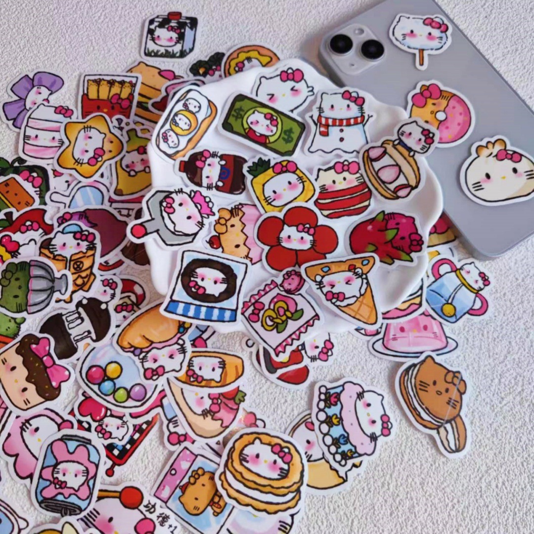 90张卡通凯蒂猫萌宠手账贴纸可爱ins贴画装饰咕卡手机头盔水杯贴