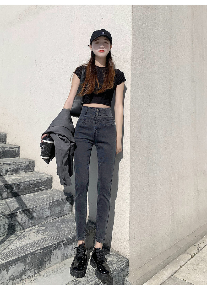 黑色高腰收腹牛仔裤女2021春款韩版显瘦显高紧身弹力小脚铅笔裤