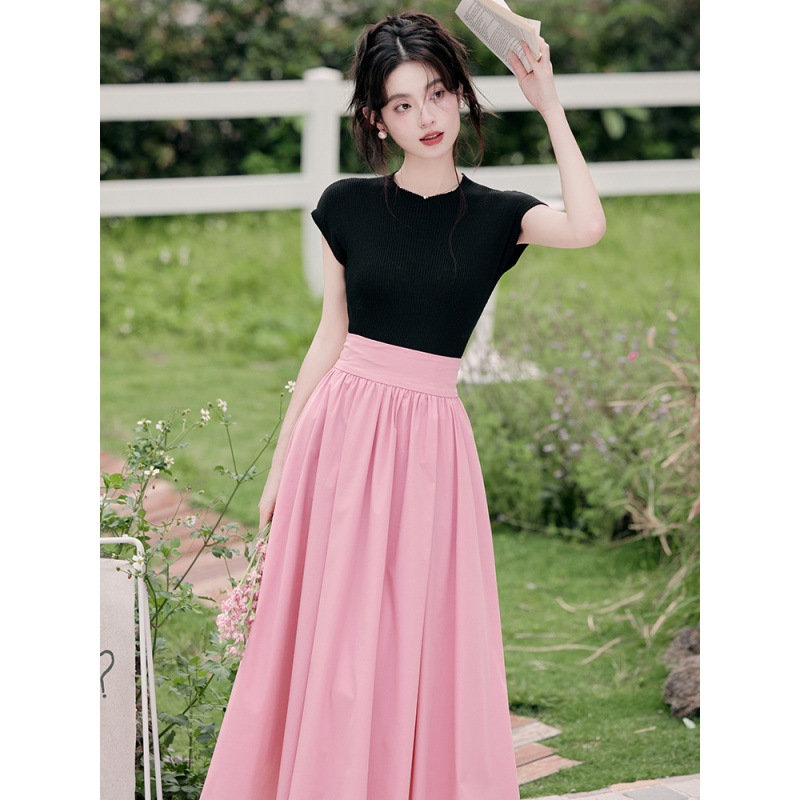 粉色百褶半身长裙子女2024新款夏a字裙伞裙无袖毛衣小个子套装裙