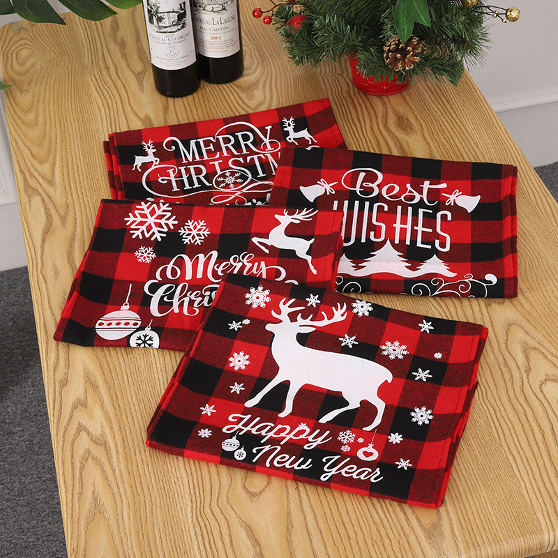 Cross-Border New Arrival Christmas Decoration Red and Black Checked Cloth Printed Table Runner Christmas Table Runner Holiday Home Christmas Placemat