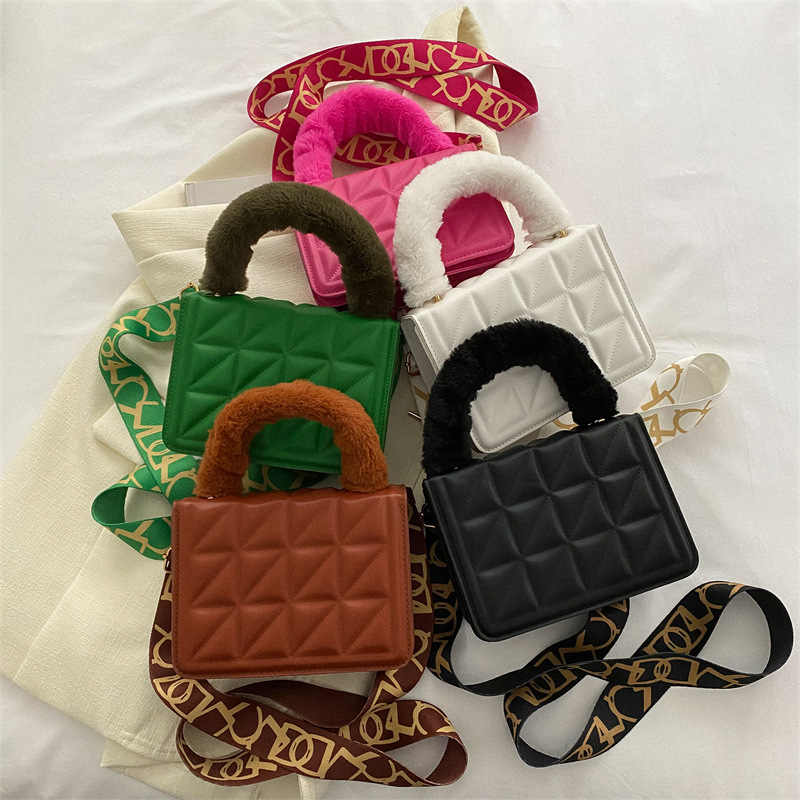 Factory Wholesale Bag Rhombus Women's Bag New Fashion Plush Portable Square Bag Embroidered Wide Shoulder Strap Shoulder Messenger Bag