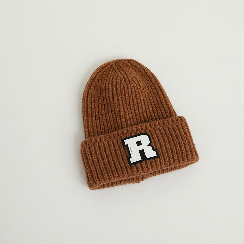 2023 Children's Knitted Hat Korean Style Letter R Patch Western Style Hat Autumn and Winter Warm Boys and Girls Solid Color Woolen Hat