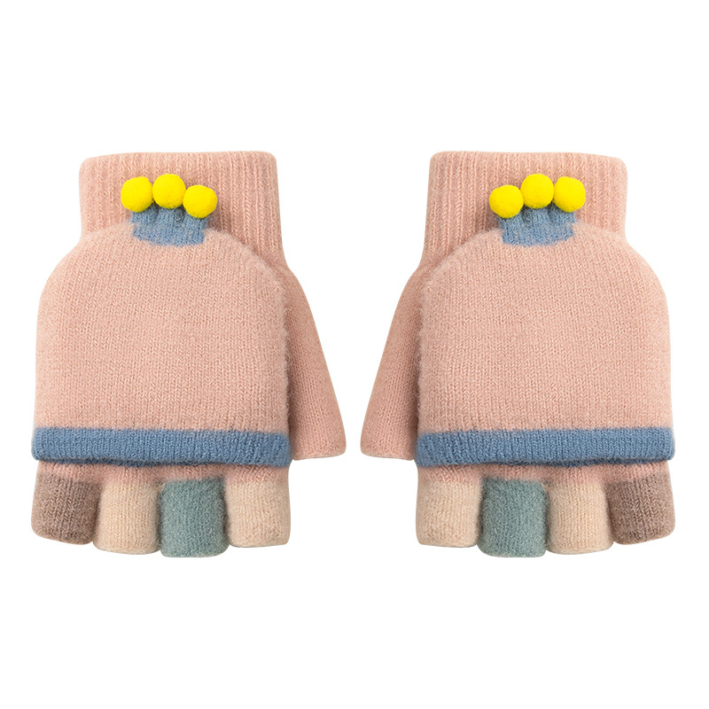 Children's Gloves Half Finger Flip Autumn and Winter Girls Cute Open Finger plus Velvet Thermal Knitting Elementary School Baby Wholesale