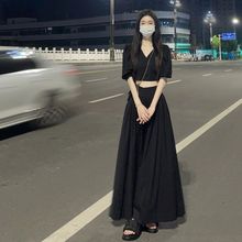 别致独特漂亮设计感冷淡赫本风茶歇法式两件套黑色衬衫长款连衣裙