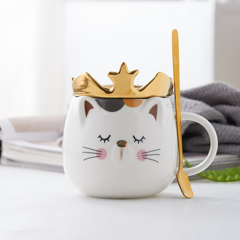 Good-looking Ceramic Cup Office Household Ceramic Mug Crown Cute Cat with Cover with Spoon Couple Water Cup