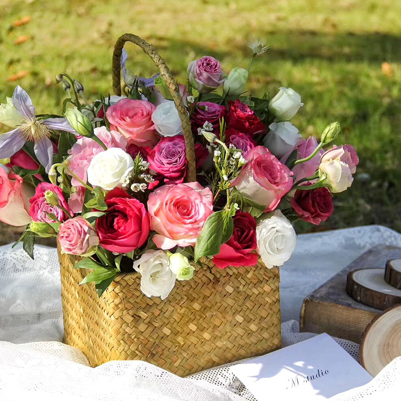 藤编草编花篮手工编织篮子小鲜花干花插花材料伴手礼花童婚礼手提