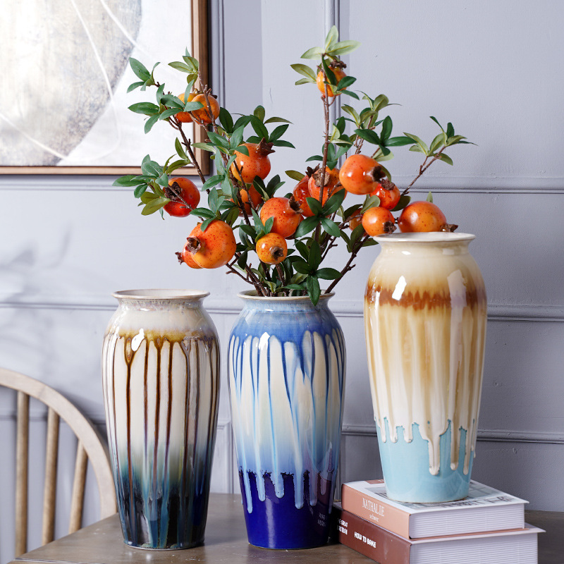 田园风陶艺花瓶五彩颜色釉摆件大口花器 园艺花插 花店种植养鲜花