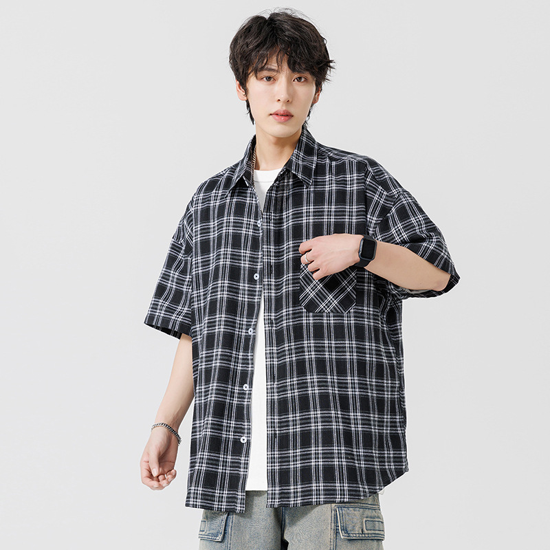 黑白格子衬衫男短袖夏薄款潮牌日系少年感工装衬衣七分袖情侣外套