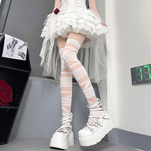 Lolita白绷带玻璃丝过膝袜夏季jk交叉绑带透明花边堆堆长筒白丝袜