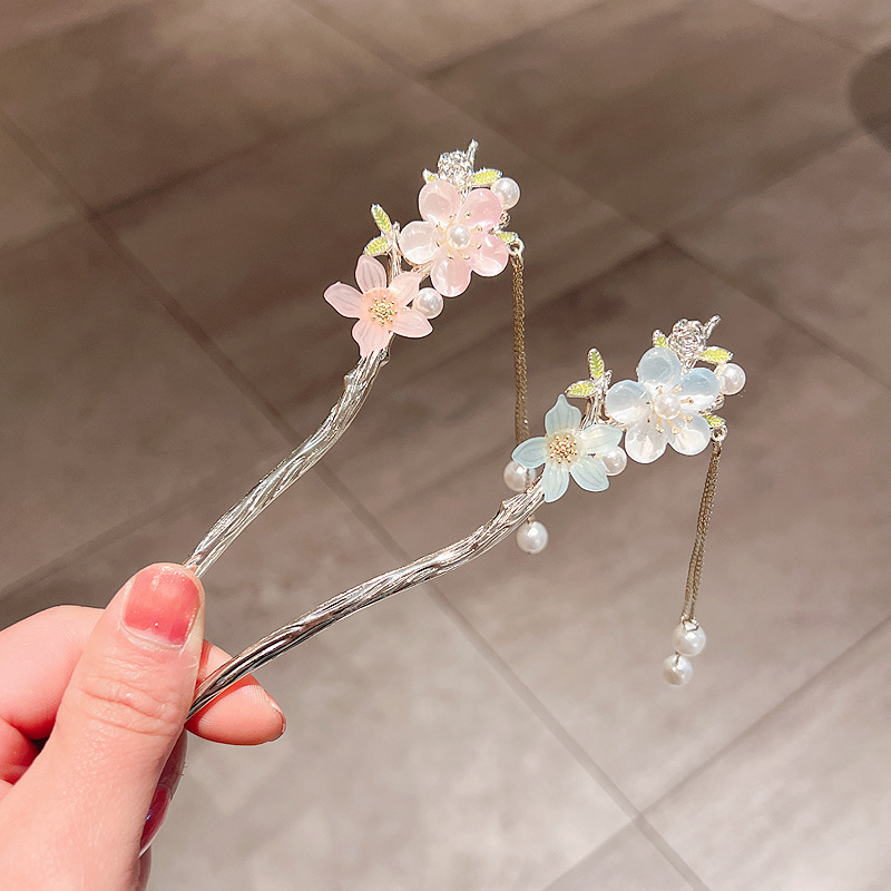 Fairy Ancient Style Hair Accessories Peach Blossom Pearl Tassel Hairpin Hanfu Updo Hair Clasp Cheongsam Hairpin Dangling Ornament Headwear Wholesale