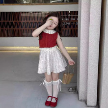 韩版女童2024夏季新款小众气质红色镂空针织背心女宝碎花纱纱半裙