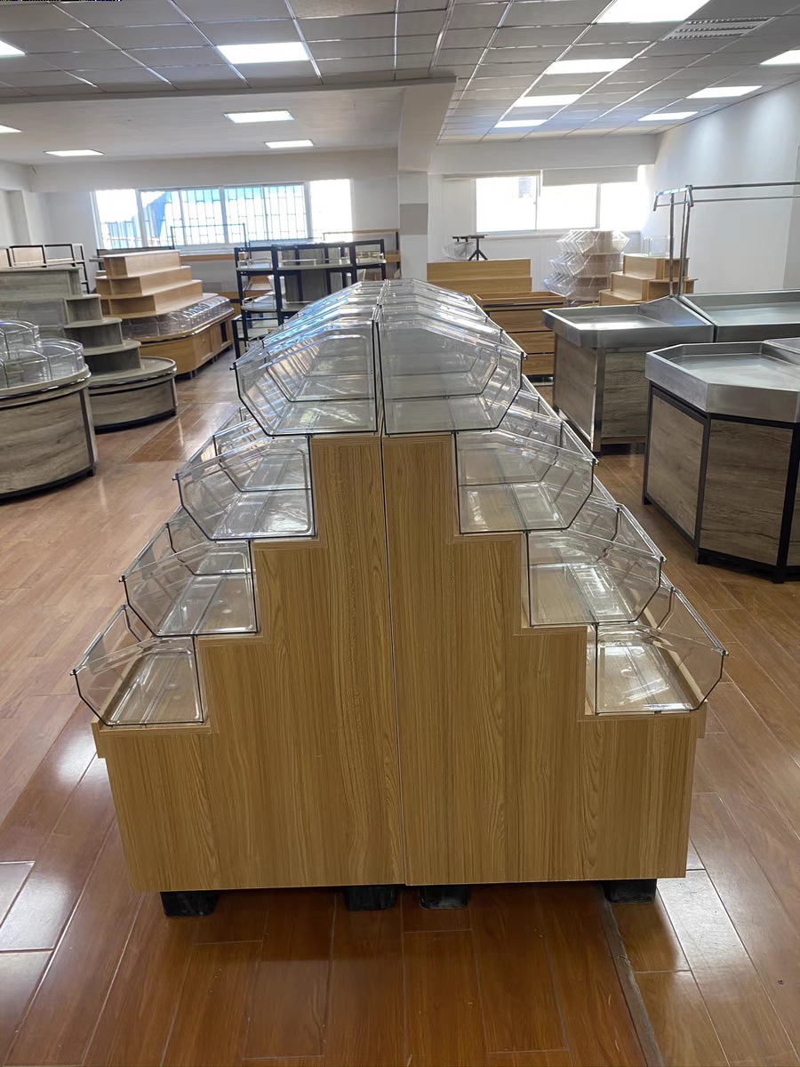 超市散称货架 木质中岛展示柜零食休闲小食品散装糖果便利店货架