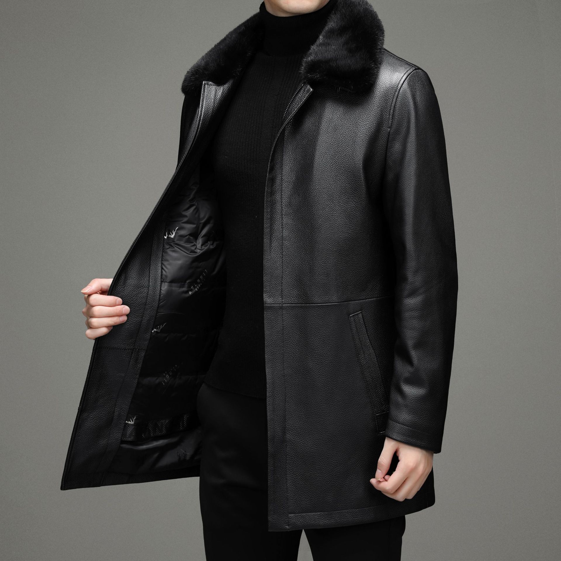 商务真皮羽绒服男士中长款冬季中老年牛皮皮衣高端水貂毛领外套