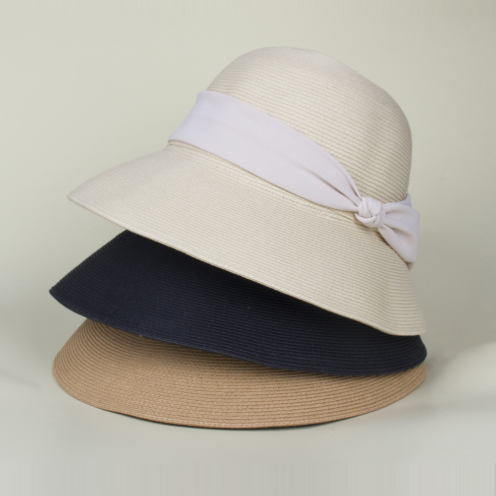 夏日海边度假钟形帽大檐遮阳帽贴布蝴蝶结优雅女士防晒帽文艺帽子