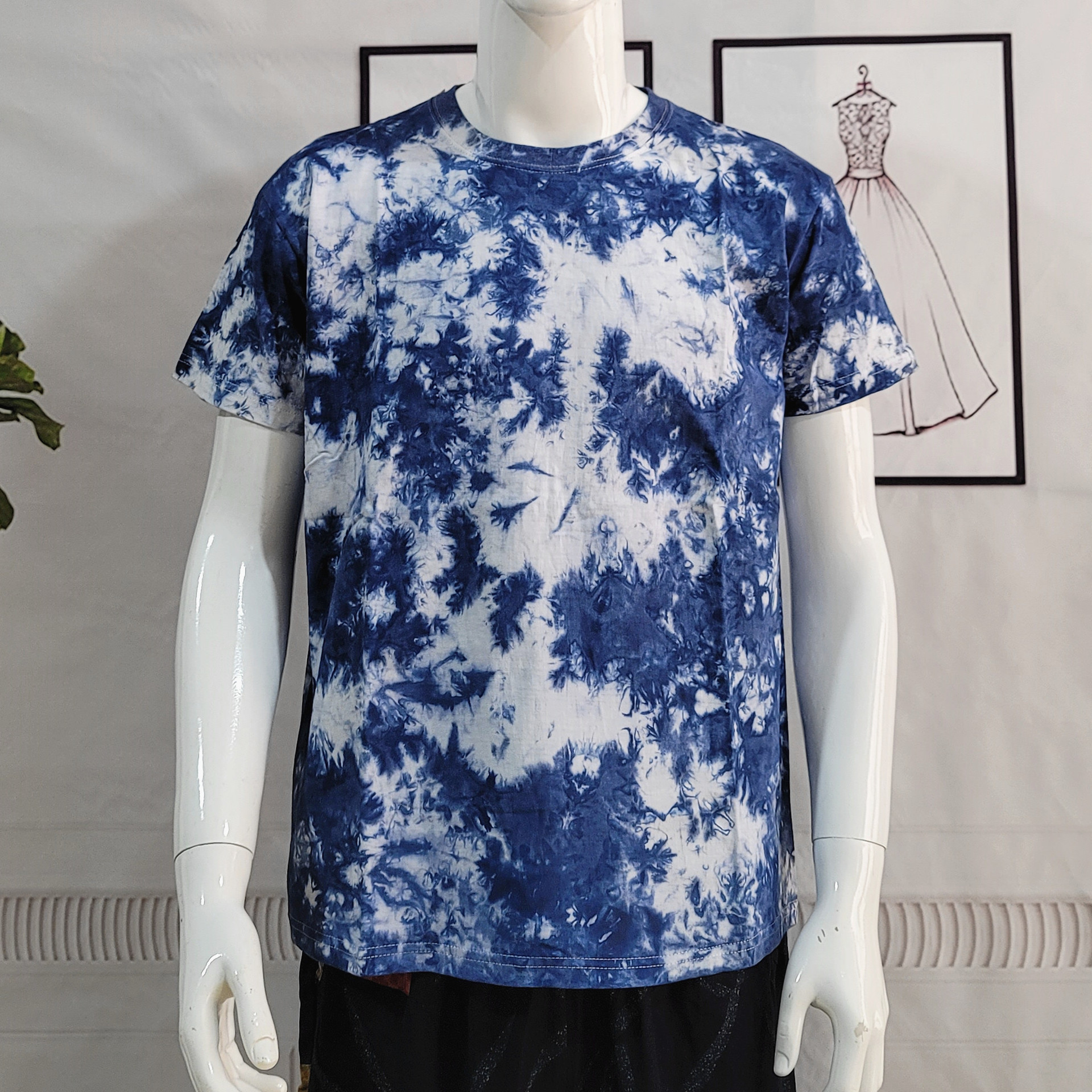 扎染t恤彩色蓝色男女同款大理白族人工扎染草木染蓝染棉短袖