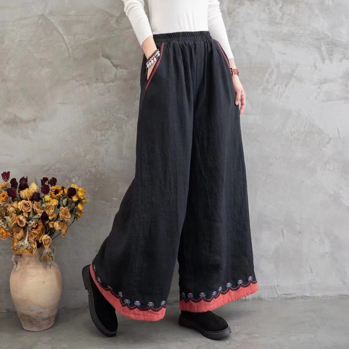 冬季夹棉大码阔腿裤女复古国风刺绣大摆长裤高腰加厚裙裤亚麻棉裤