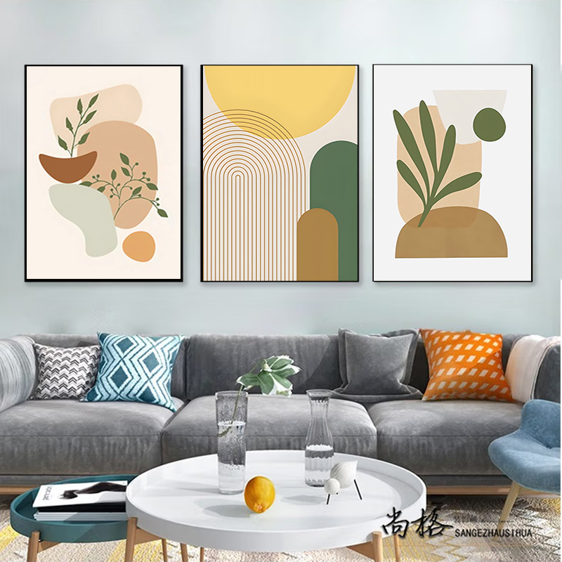 餐厅卧室装饰画现代简约抽象挂画餐厅三联清新北欧风软装手绘油画
