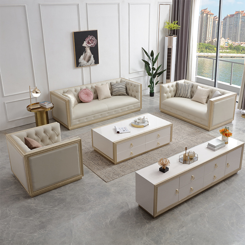 实木真皮沙发拉罗谢尔直排三位人网红沙发意式简约高档家具组合