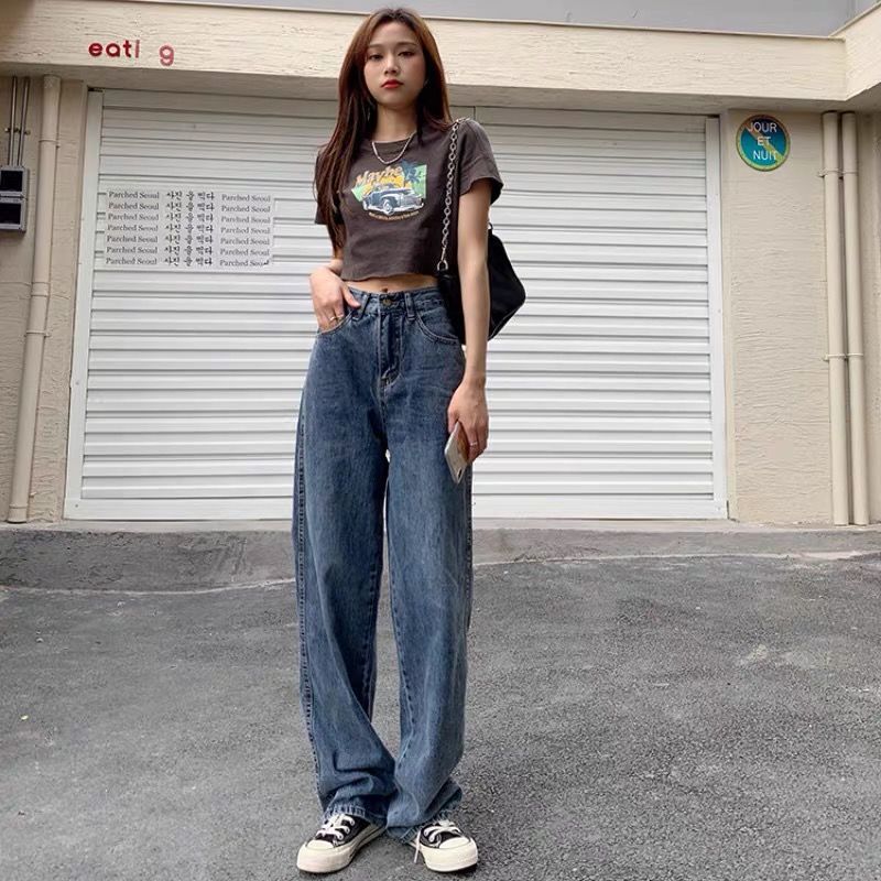 2022新款阔腿牛仔裤女复古美式直筒裤子高腰显瘦宽松拖地长裤